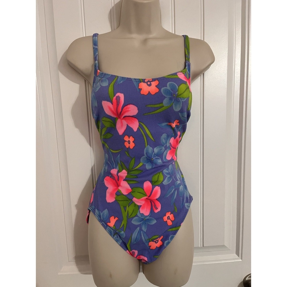 Vintage Sessa Women's Periwinkle Floral Cross Back Texture One Piece Swimsuit 12